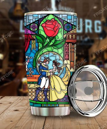 Stained Glass Tumbler With Lid - Elegant Rose & Dance Design - Perfect Gift For Disney Lovers