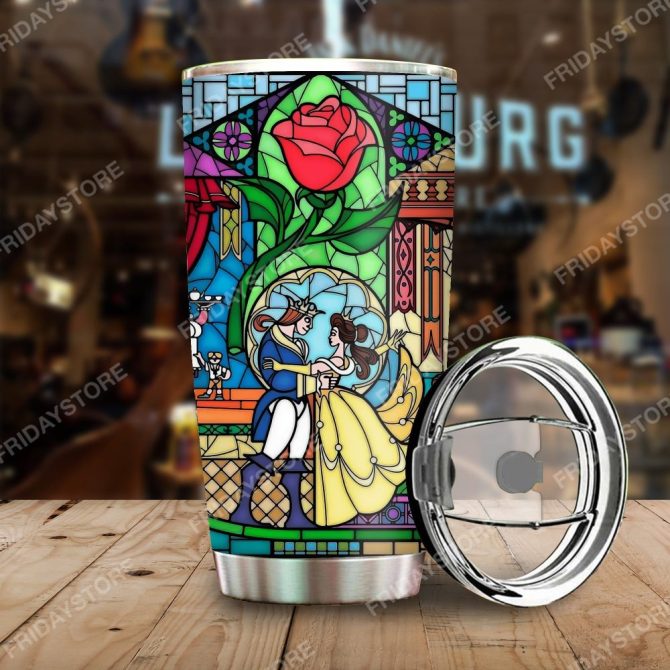 Stained Glass Tumbler With Lid - Elegant Rose & Dance Design - Perfect Gift For Disney Lovers