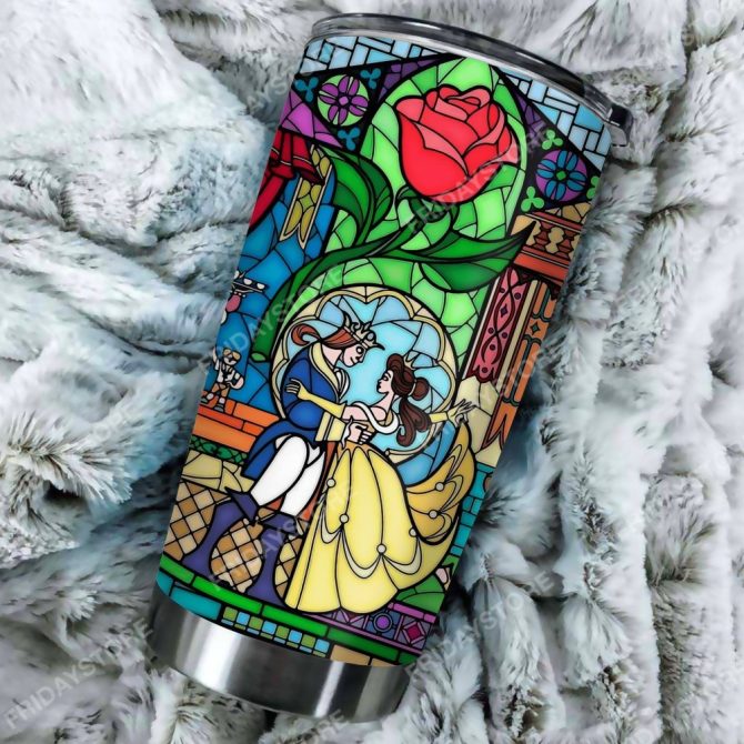 Stained Glass Tumbler With Lid - Elegant Rose & Dance Design - Perfect Gift For Disney Lovers - Image 3