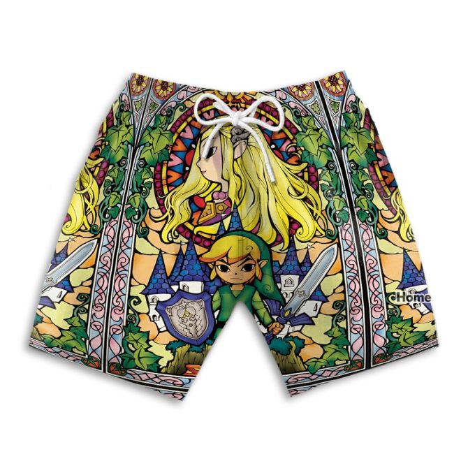 Colorful Fantasy Stained Glass Swim Trunks - Gamer-Inspired Beachwear For Men