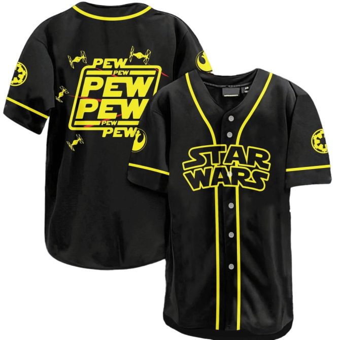 Star Wars Baseball Jersey - Iconic Pew Pew Design, Unisex Black & Yellow - Perfect For Fans!