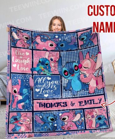 Custom Name Stitch & Angel Blanket - Cozy Personalized Gift For Couples, Kids - Live Laugh Love Design