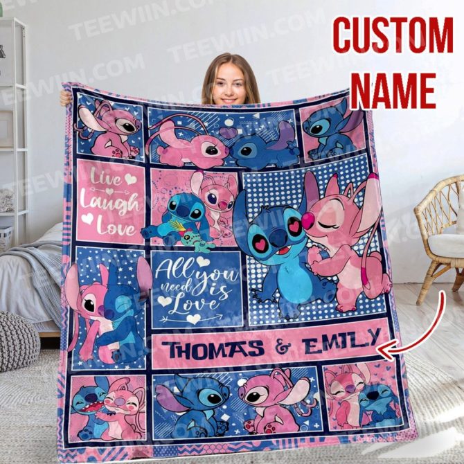 Custom Name Stitch & Angel Blanket - Cozy Personalized Gift For Couples, Kids - Live Laugh Love Design
