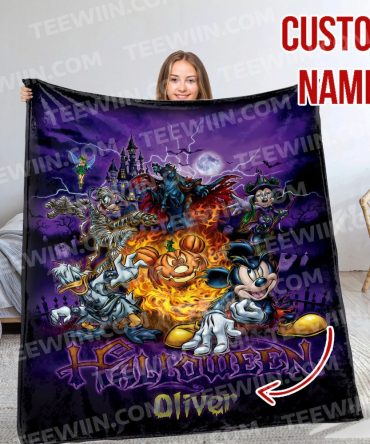 Custom Halloween Blanket With Spooky Cartoon Characters – Personalized Name Gift