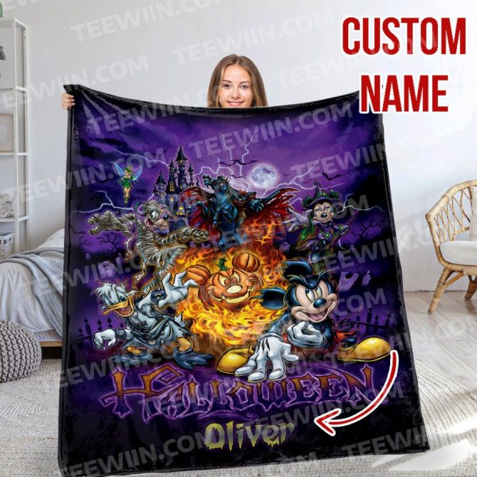 Custom Halloween Blanket With Spooky Cartoon Characters – Personalized Name Gift