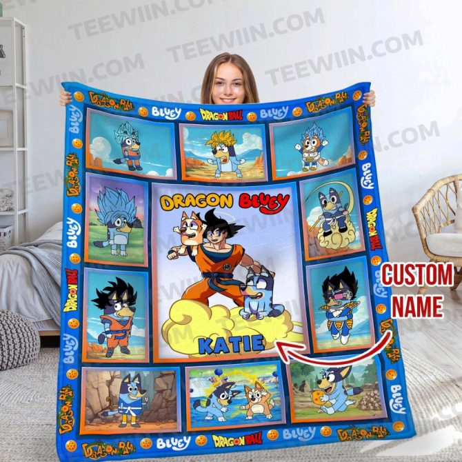 Custom Dragon Bluey Blanket - Personalized Name Gift For Kids & Fans