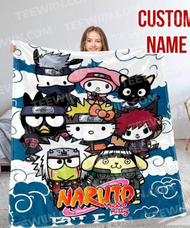 Cozy Naruto X Hello Kitty Blanket – Custom Name Option, Cute Anime Design