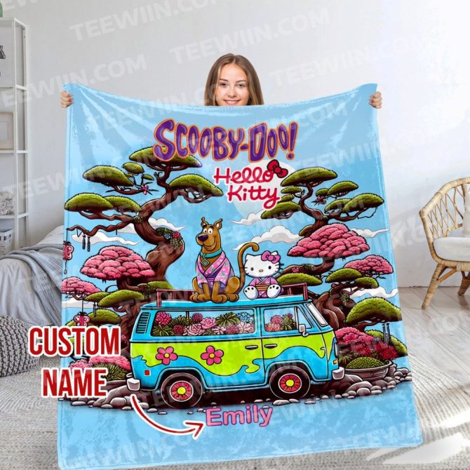 Custom Scooby-Doo & Hello Kitty Blanket – Personalized Name Gift, Cozy & Fun!