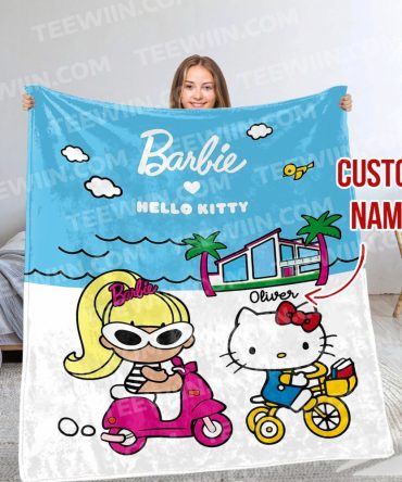 Custom Name Barbie & Hello Kitty Beach Blanket - Personalized Kids Gift, Cozy Soft Throw