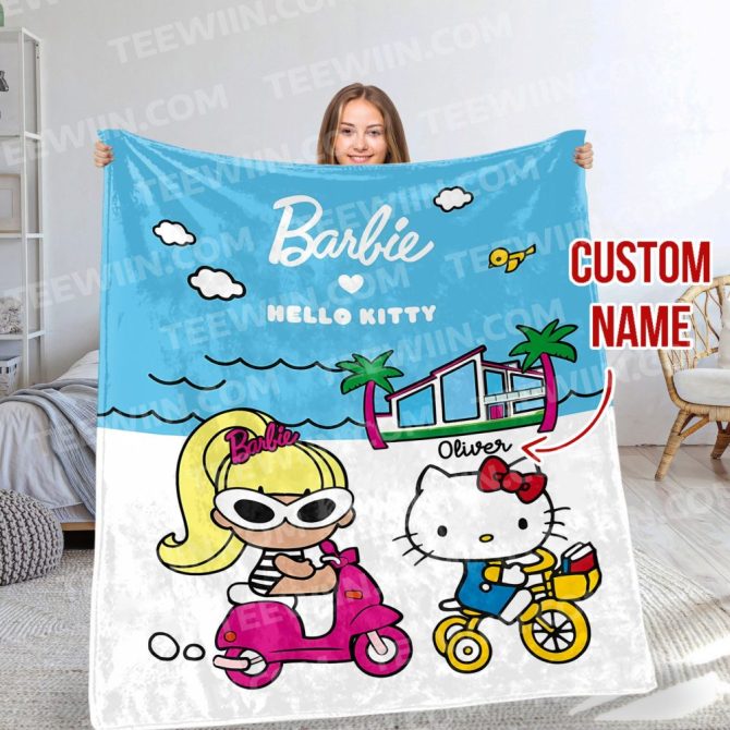 Custom Name Barbie & Hello Kitty Beach Blanket - Personalized Kids Gift, Cozy Soft Throw