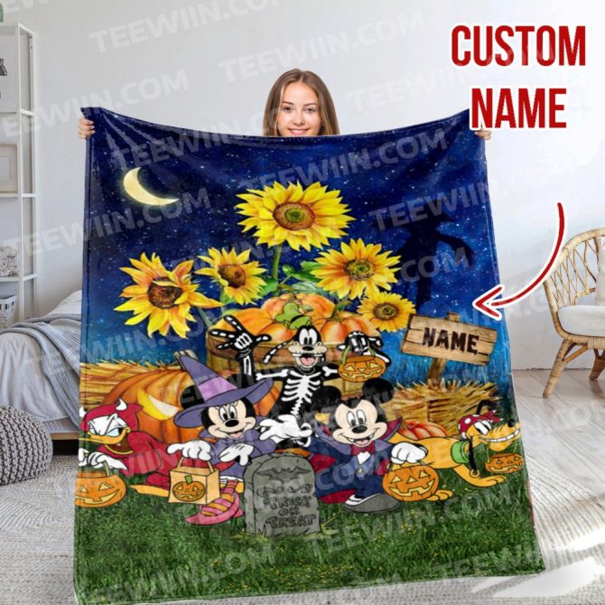 Custom Halloween Blanket With Sunflowers & Characters - Personalized Gift