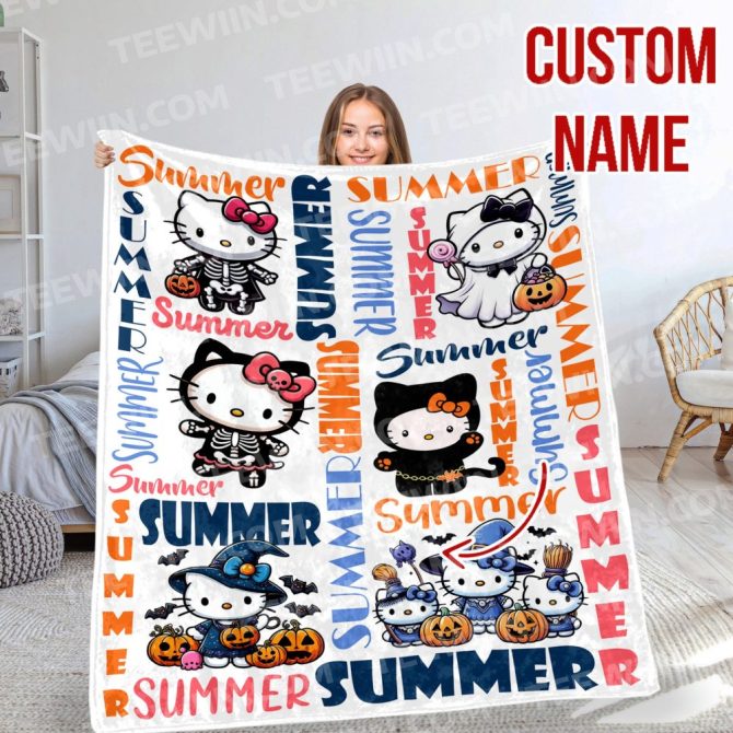 Custom Name Hello Kitty Halloween Summer Blanket - Cute & Cozy Gift For Kids