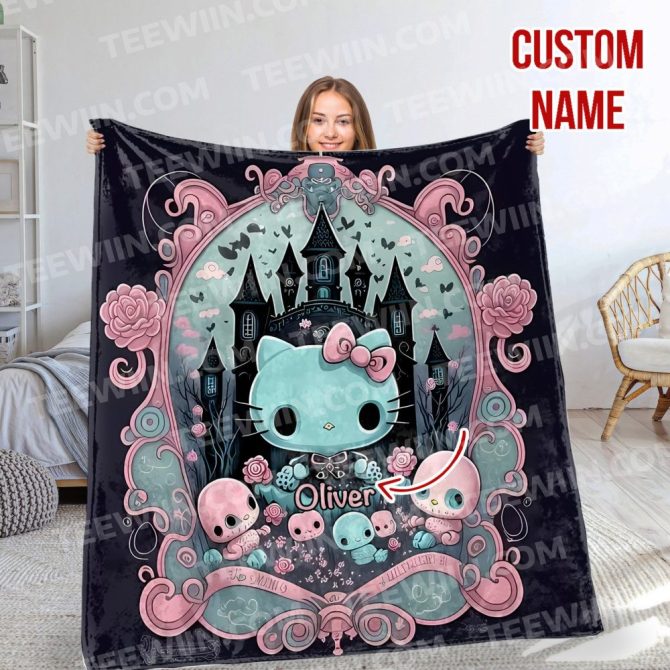 Custom Name Cute Cat Gothic Castle Blanket - Personalized Gift For Kids & Teens