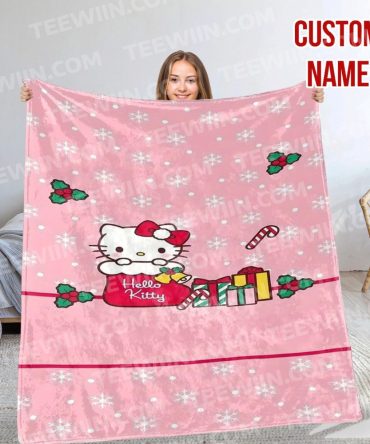 Custom Name Hello Kitty Christmas Blanket - Cozy Pink Fleece With Snowflakes & Gifts Design