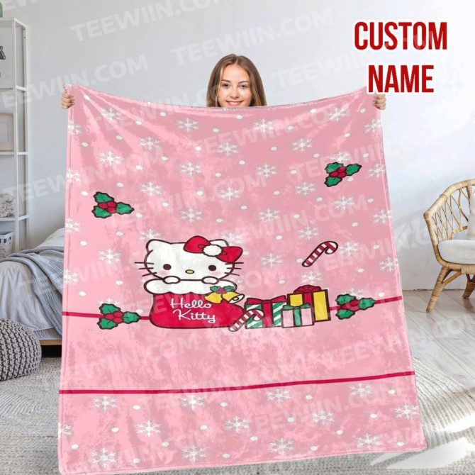 Custom Name Hello Kitty Christmas Blanket - Cozy Pink Fleece With Snowflakes & Gifts Design
