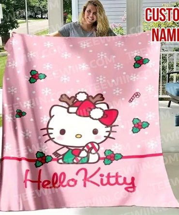 Custom Name Hello Kitty Christmas Blanket – Cozy Pink Holiday Gift
