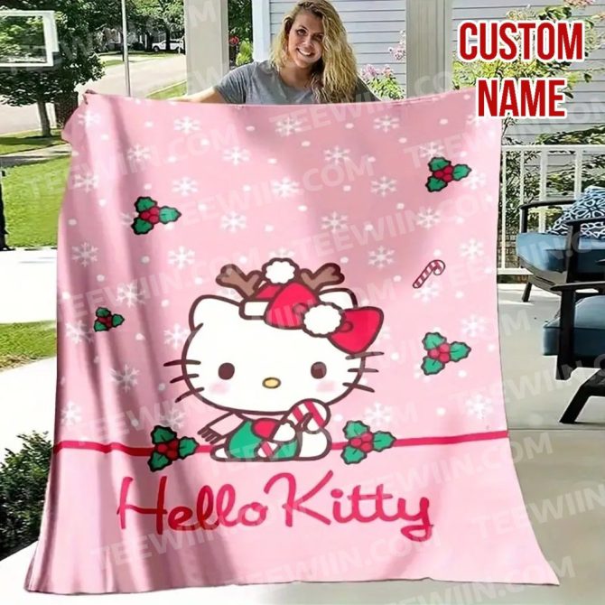 Custom Name Hello Kitty Christmas Blanket – Cozy Pink Holiday Gift