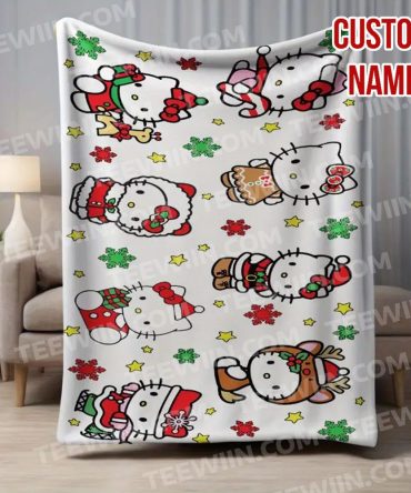 Personalized Christmas Hello Kitty Blanket – Custom Name Gift For Kids & Fans