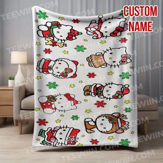 Personalized Christmas Hello Kitty Blanket – Custom Name Gift For Kids & Fans