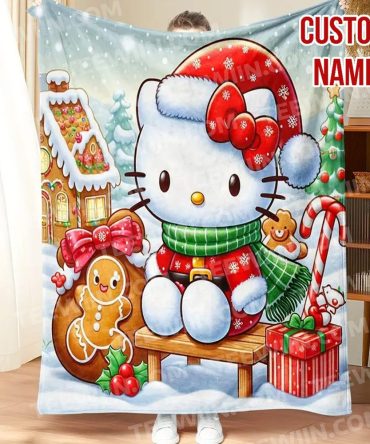 Custom Name Christmas Blanket - Cute Kitty & Gingerbread Design, Cozy Holiday Gift