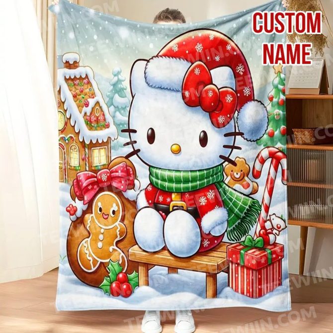 Custom Name Christmas Blanket - Cute Kitty & Gingerbread Design, Cozy Holiday Gift