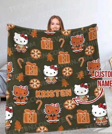 Cozy Custom Name Gingerbread Blanket – Cute Holiday Gift With Hello Kitty Design
