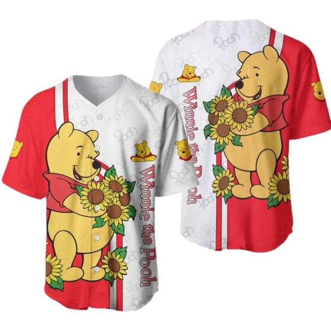 Cheerful Winnie The Pooh Sunflower Baseball Jersey – Vibrant Cartoon Style Shirt For Fans