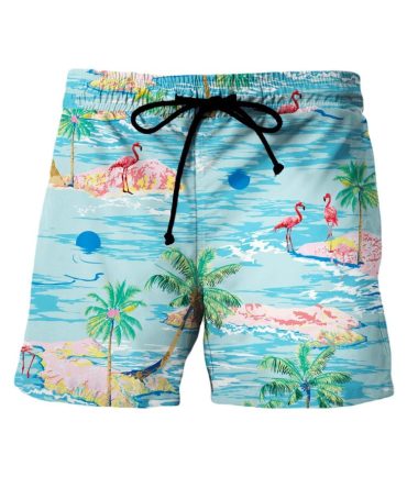 Men'S Tropical Flamingo Swim Trunks - Vibrant Island Print Beachwear, Quick-Dry Summer Shorts