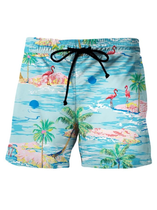 Men'S Tropical Flamingo Swim Trunks - Vibrant Island Print Beachwear, Quick-Dry Summer Shorts
