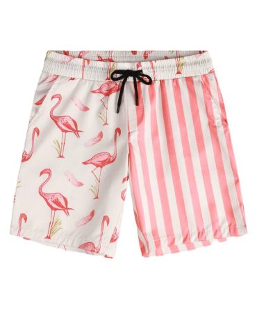 Men'S Flamingo Swim Trunks - Pink & White Striped Quick-Dry Beach Shorts