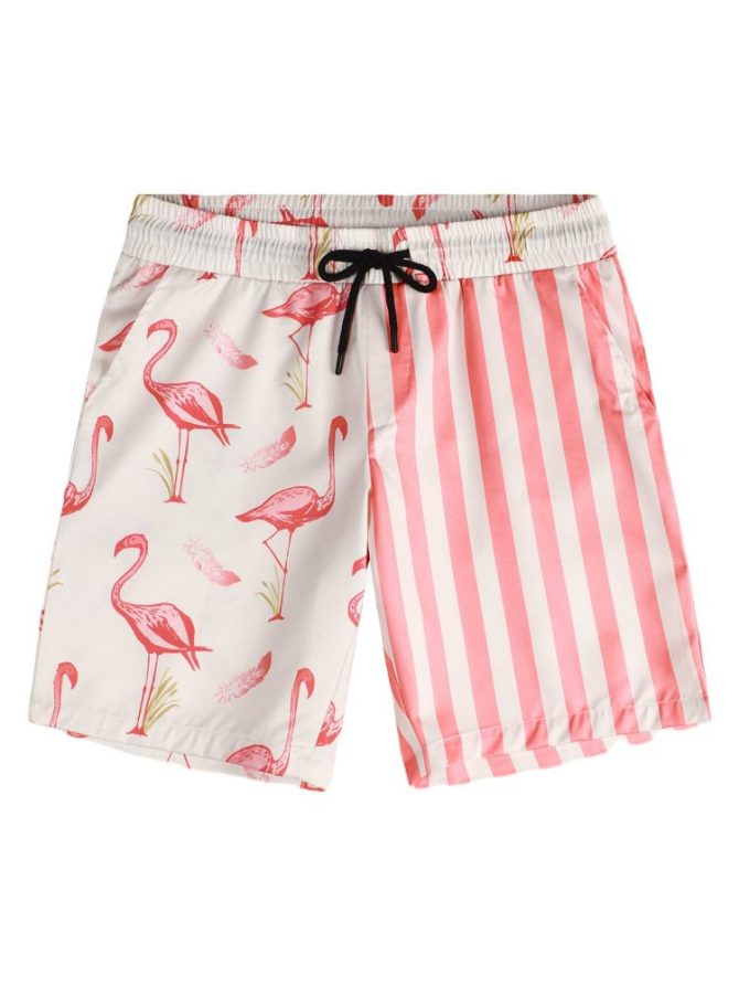 Men'S Flamingo Swim Trunks - Pink & White Striped Quick-Dry Beach Shorts