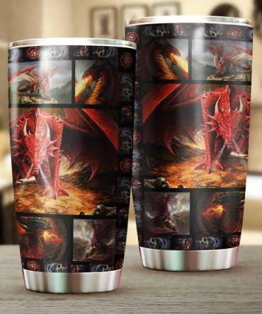Fiery Dragon Stainless Steel Tumbler - Insulated Travel Mug For Hot & Cold Drinks - Unique Fantasy Art Design