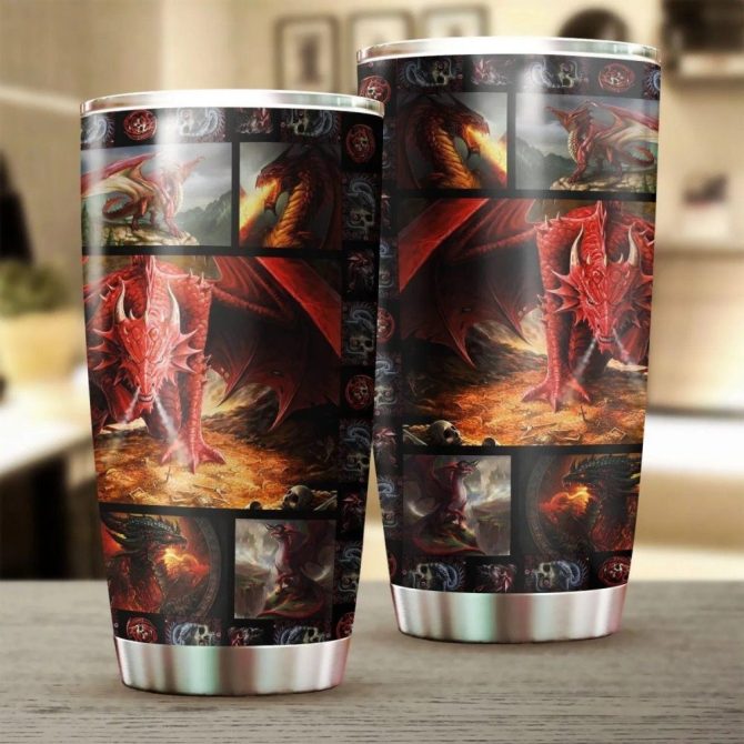 Fiery Dragon Stainless Steel Tumbler - Insulated Travel Mug For Hot & Cold Drinks - Unique Fantasy Art Design