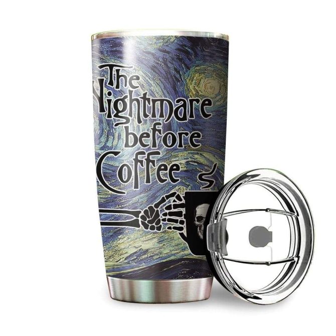 Nightmare Before Coffee Tumbler – Insulated Travel Mug With Lid, 20Oz, Unique Skeleton Design