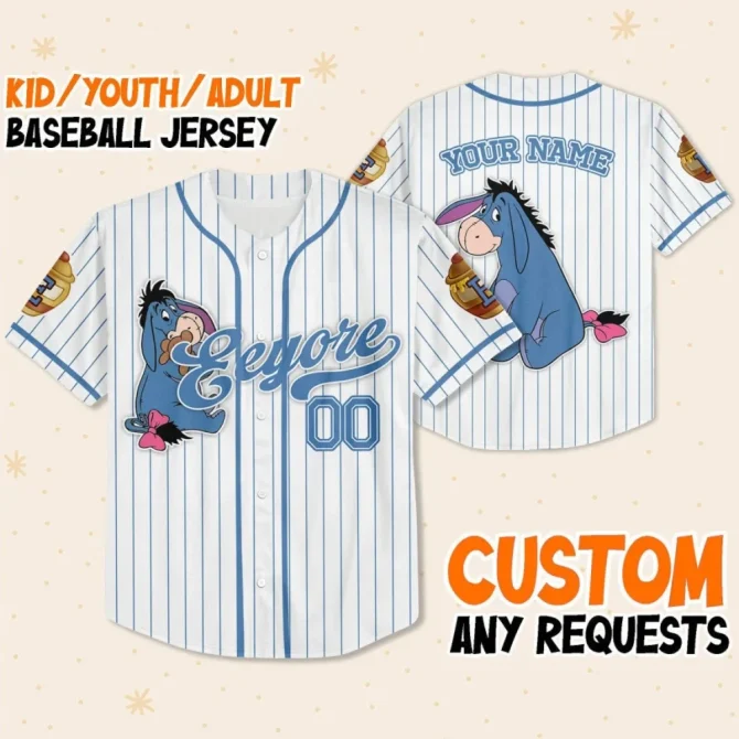 Custom Eeyore Baseball Jersey For Kids/Youth/Adults – Add Your Name & Requests!
