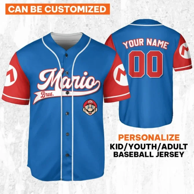 Custom Mario Bros Baseball Jersey - Personalize For Kids, Youth & Adults - Perfect Gift!