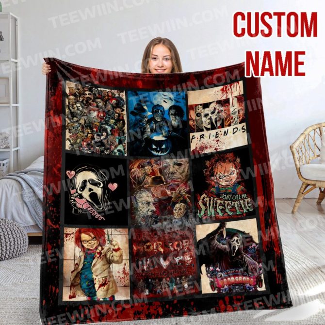 Custom Horror Movie Blanket - Personalized Name, Cozy Fleece Throw With Iconic Scary Characters