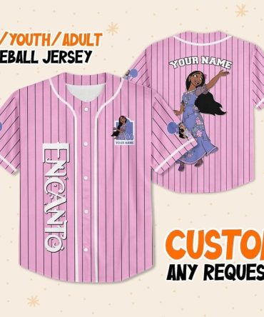 Customizable Pink Baseball Jersey For Kids/Youth/Adults Featuring Encanto Design