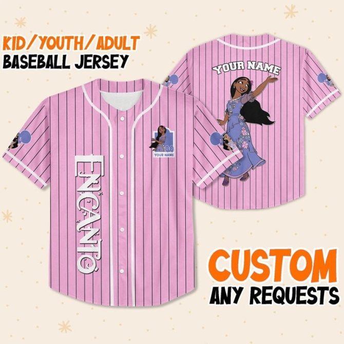Customizable Pink Baseball Jersey For Kids/Youth/Adults Featuring Encanto Design