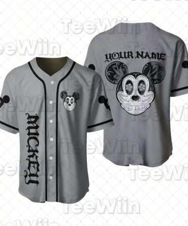 Customizable Gray Baseball Jersey With Cartoon Skull Design - Perfect Gift For Fans!
