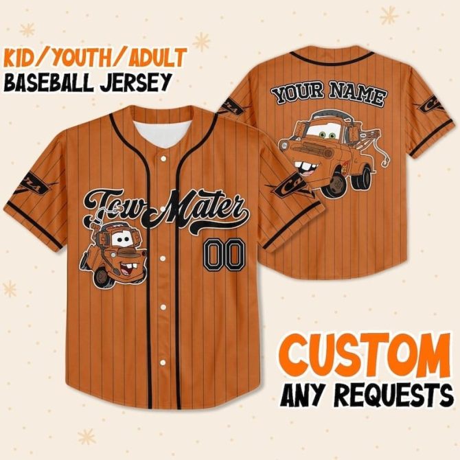 Custom Kids/Youth/Adult Tow Mater Baseball Jersey - Personalized Design!