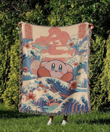 Cozy Kirby Tapestry Blanket – Japanese Wave Art Design, Perfect For Gaming Fans!