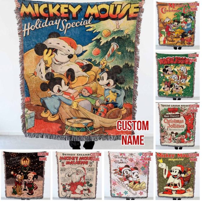 Personalized Mickey Mouse Holiday Throw Blanket – Custom Name Christmas Gift