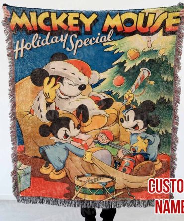 Custom Name Mickey Mouse Holiday Throw Blanket - Cozy Vintage Christmas Gift