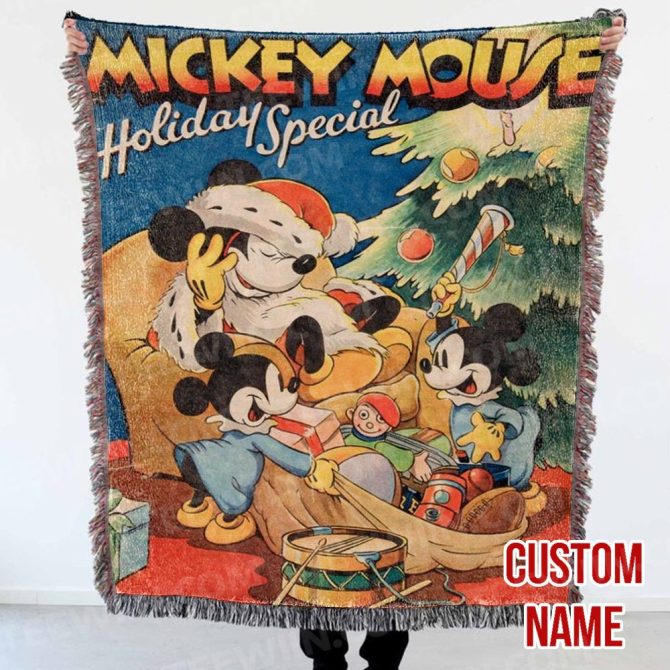 Custom Name Mickey Mouse Holiday Throw Blanket - Cozy Vintage Christmas Gift