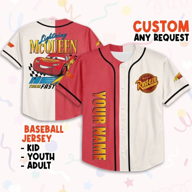 Custom Lightning Mcqueen Baseball Jersey – Personalized Kids/Youth/Adult Sizes