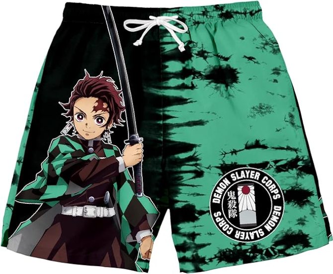 Demon Slayer Anime Swim Trunks - Cool Green Graphic Shorts For Men & Teens