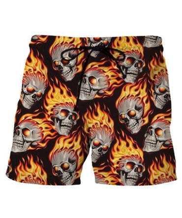 Men'S Flaming Skull Swim Trunks - Bold Fire Pattern Beach Shorts