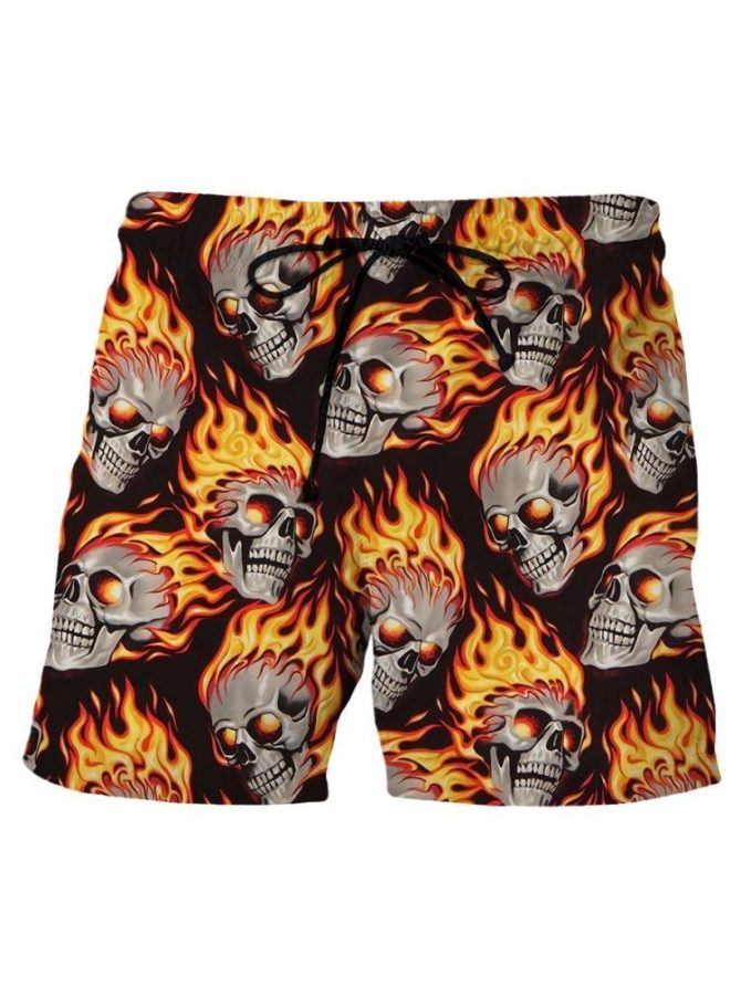 Men'S Flaming Skull Swim Trunks - Bold Fire Pattern Beach Shorts