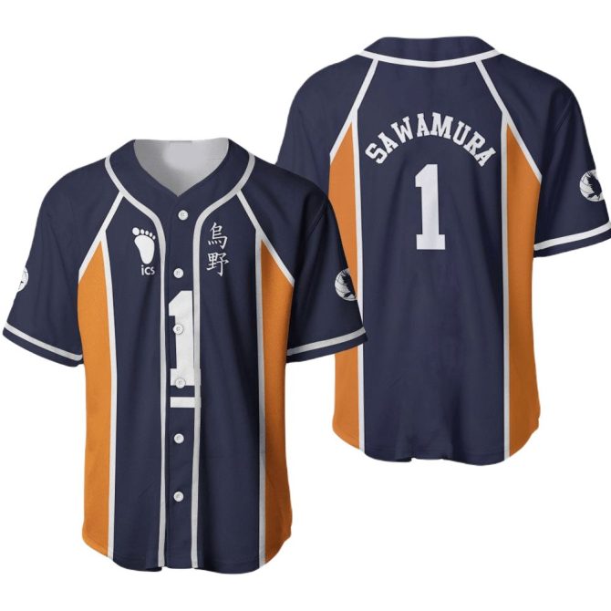 Customizable Baseball Jersey - Navy & Orange Sawamura #1 - High Quality Sportswear